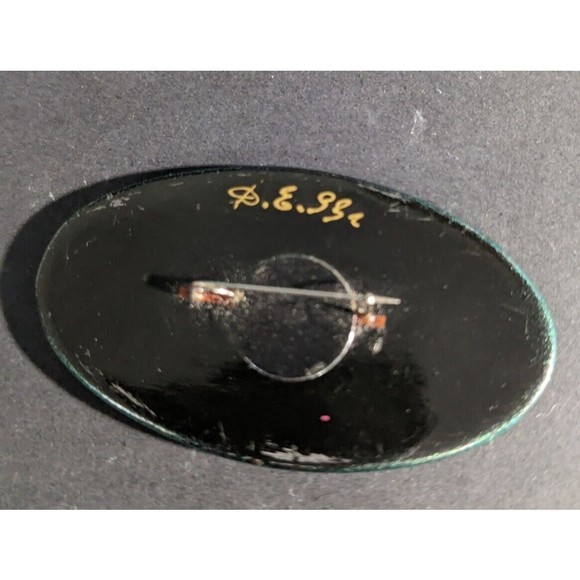 Vintage 1980s Russian Brooch Pin Hand Painted Floral Oval Lacquered Signed Green - Picture 4 of 7